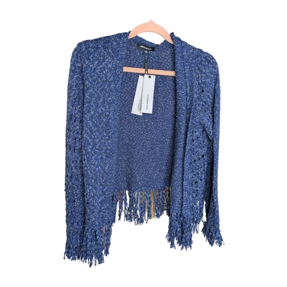 525 America NWT Fringe Cardigan Open Knit Sweater In Navy Combo - Picture 4 of 14